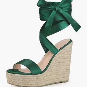Chic Green Satin Wedge Sandals